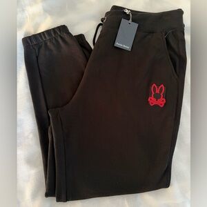 Psycho Bunny Mens Black Jogger Sweatpants with Red Bunny Patch